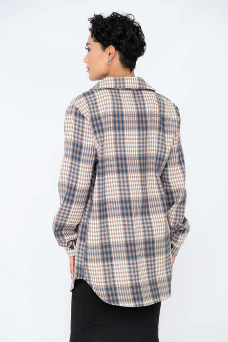 Ladies Loose Shirt Plaid Print V-Neck Long Sleeve