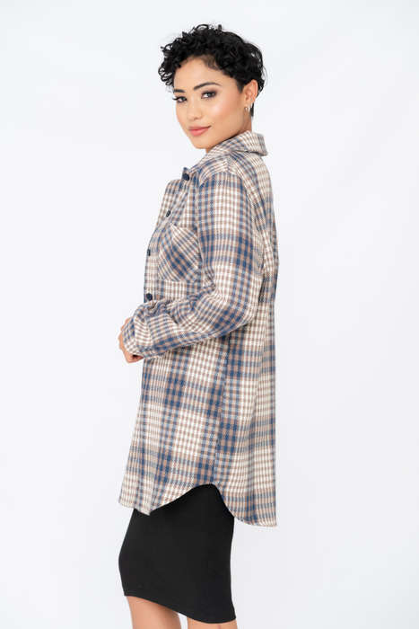 Ladies Loose Shirt Plaid Print V-Neck Long Sleeve
