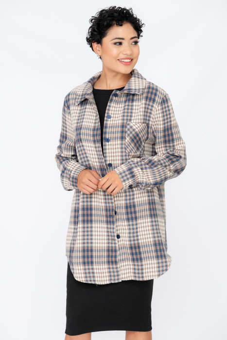 Ladies Loose Shirt Plaid Print V-Neck Long Sleeve