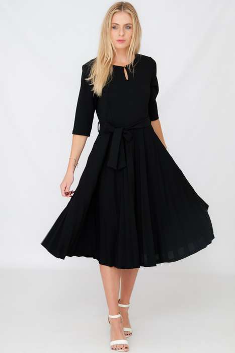 Elina Classic Belted Pleated Midi Black Dress