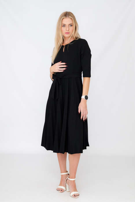 Elina Classic Belted Pleated Midi Black Dress