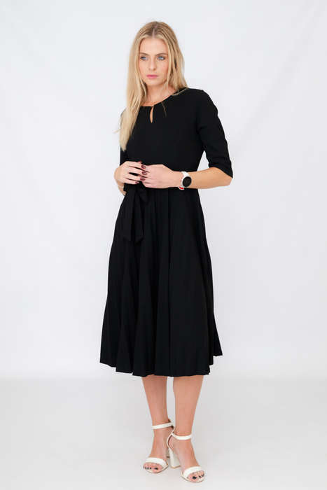 Elina Classic Belted Pleated Midi Black Dress