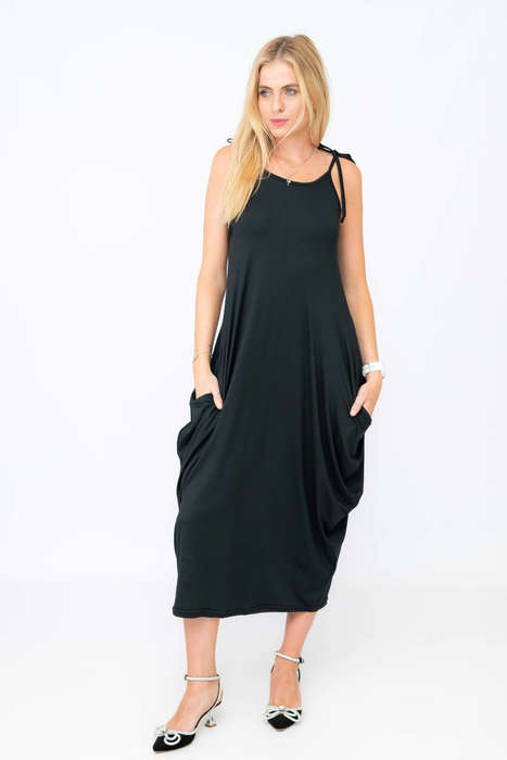 Niha Black Strappy Harem Midaxi Dress With Pockets