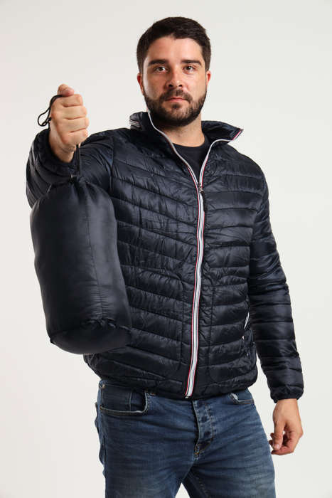 Mens Concealed Hooded Puffer Jacket With Easy Carry Bag