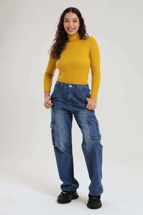 Ladies Blue High Waist Boyfriend Jeans With Side Pockets