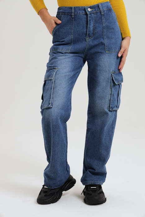 Ladies Blue High Waist Boyfriend Jeans With Side Pockets