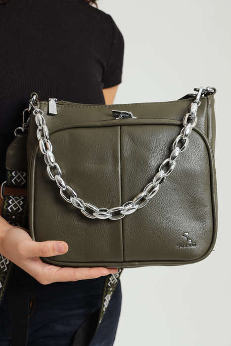 Chloe Crossbody Wide Strap Handbag Sling Bag With Chain Detail