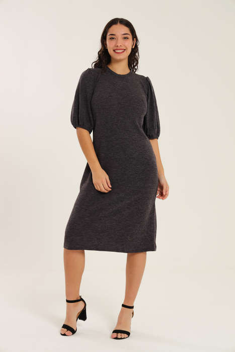 Fine Wine Evening Midi Dress With Puff Sleeves