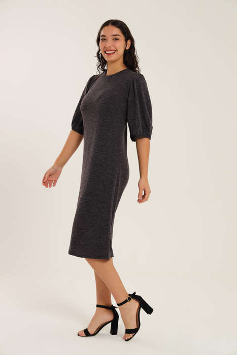 Fine Wine Evening Midi Dress With Puff Sleeves