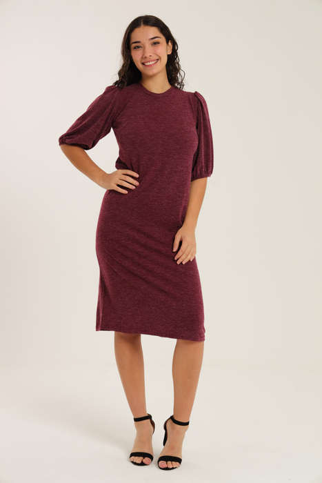 Fine Wine Evening Midi Dress With Puff Sleeves
