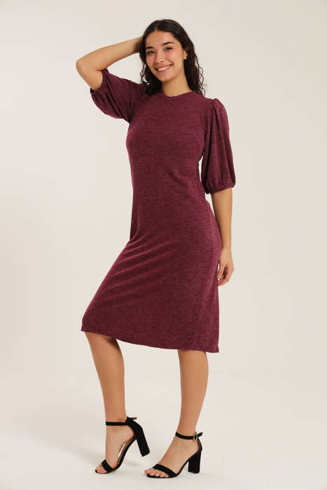 Fine Wine Evening Midi Dress With Puff Sleeves