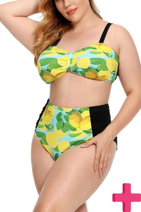Ladies Plus Size High Waisted 2 Pcs Bikini Tummy Control Swimwear