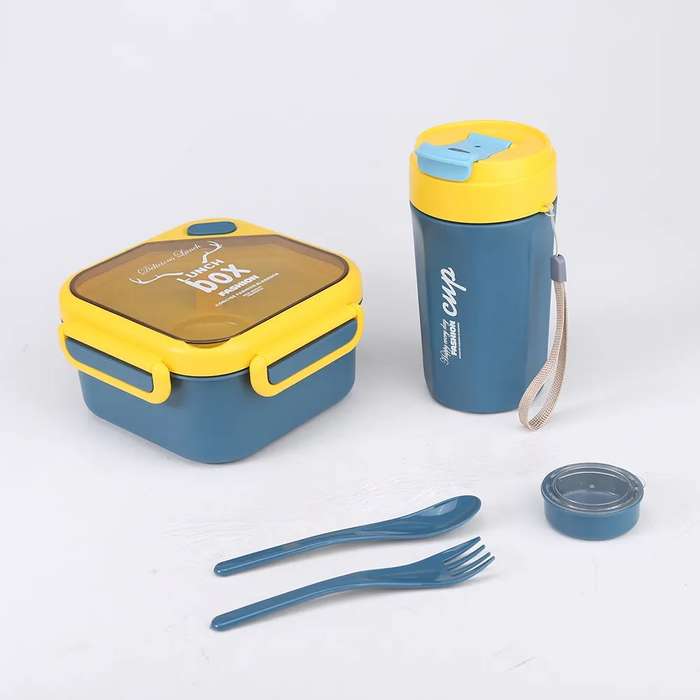 Senza Square 900ml Plastic Divided Lunch Box &amp; 350ml Water Bottle Set With Spoon