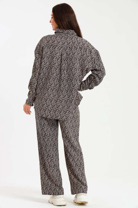 Ladies Oversized Long Sleeve Shirt Collar Top &amp; Wide Leg Pants Co-Ords Set