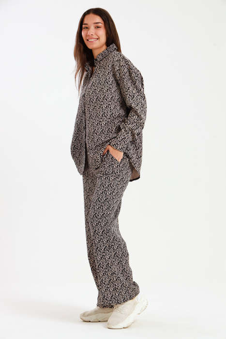 Ladies Oversized Long Sleeve Shirt Collar Top &amp; Wide Leg Pants Co-Ords Set