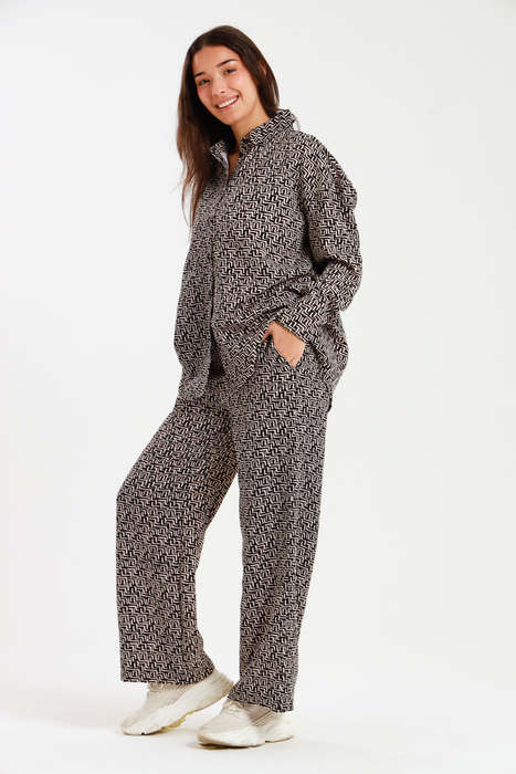Ladies Oversized Long Sleeve Shirt Collar Top &amp; Wide Leg Pants Co-Ords Set