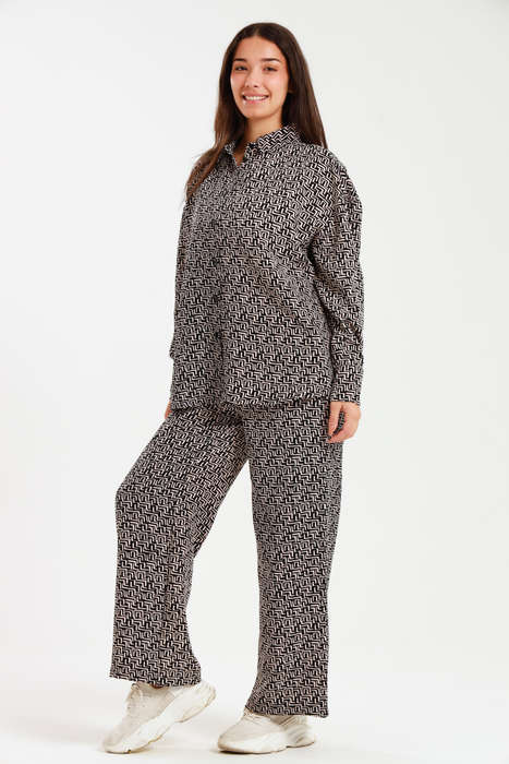 Ladies Oversized Long Sleeve Shirt Collar Top &amp; Wide Leg Pants Co-Ords Set