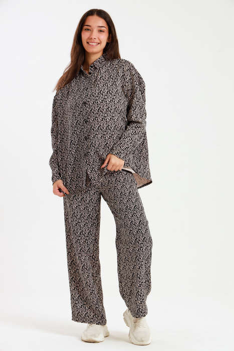 Ladies Oversized Long Sleeve Shirt Collar Top &amp; Wide Leg Pants Co-Ords Set