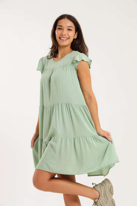 Ruffle Short Cap Sleeve Tiered Viscose Summer Dress