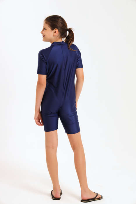 Kids Piece Short Sleeve Bodysuit Swimwear With Zipper Front Navy