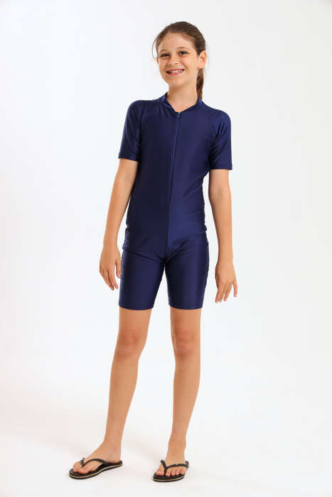 Kids Piece Short Sleeve Bodysuit Swimwear With Zipper Front Navy
