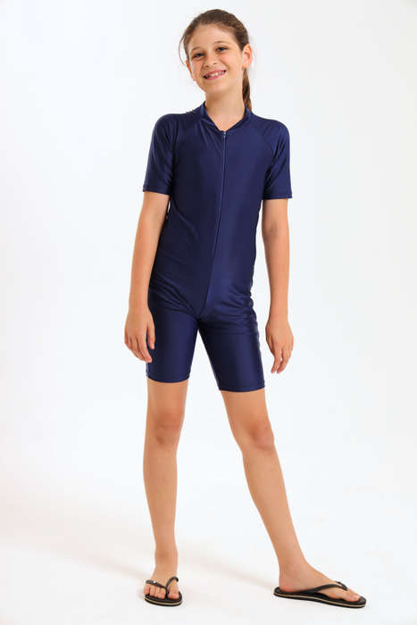 Kids Piece Short Sleeve Bodysuit Swimwear With Zipper Front Navy