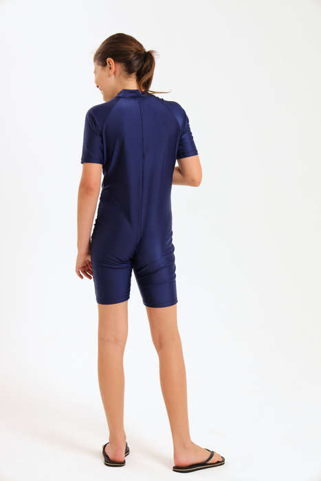 Kids Piece Short Sleeve Bodysuit Swimwear With Zipper Front Navy