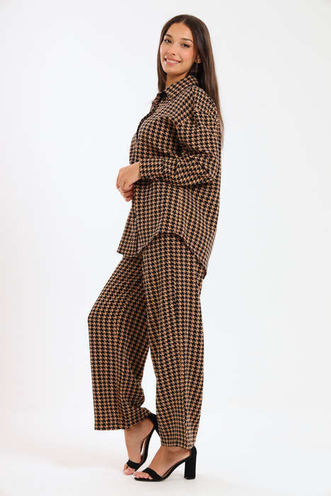 Ladies Houndstooth Oversized Long Sleeve Shirt Collar Top &amp; Wide Leg Pants Co-Ords Set