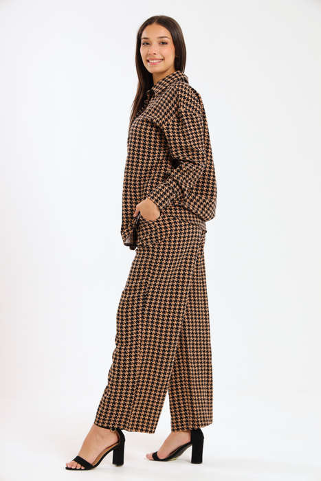 Ladies Houndstooth Oversized Long Sleeve Shirt Collar Top &amp; Wide Leg Pants Co-Ords Set