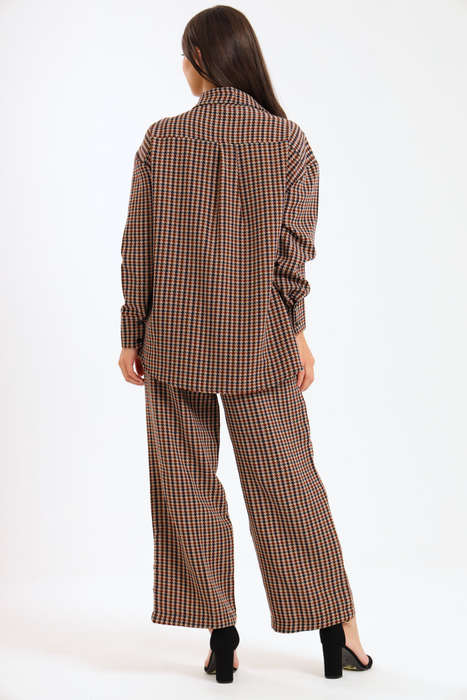 Ladies Houndstooth Oversized Long Sleeve Shirt Collar Top &amp; Wide Leg Pants Co-Ords Set