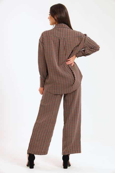 Ladies Houndstooth Oversized Long Sleeve Shirt Collar Top &amp; Wide Leg Pants Co-Ords Set
