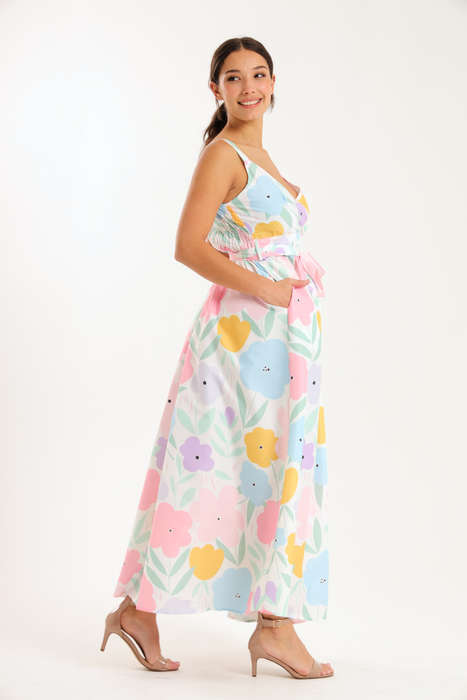 Scottie Floral Printed Sleeveless Maxi Dress With Pockets
