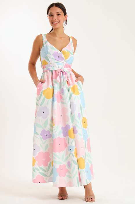 Scottie Floral Printed Sleeveless Maxi Dress With Pockets