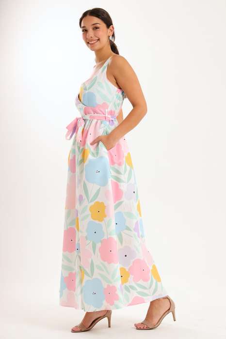 Scottie Floral Printed Sleeveless Maxi Dress With Pockets
