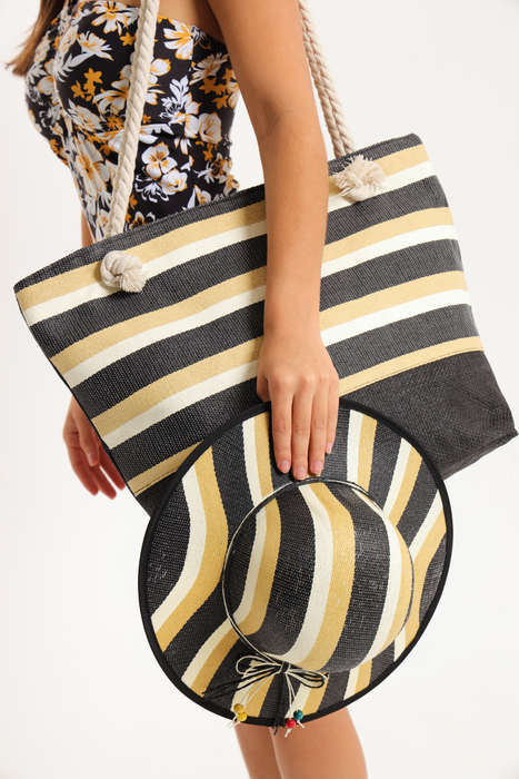 Senza® Large Capacity Canvas Stripe Tote Beach Bag With Matching Hat