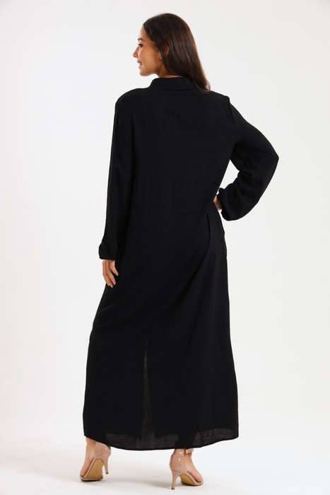Aafreen Zipp-Up Long Sleeve Loose Fit Black Abaya Cloak Dress With Pockets