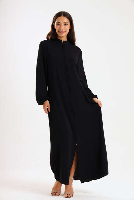 Aafreen Zipp-Up Long Sleeve Loose Fit Black Abaya Cloak Dress With Pockets