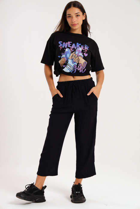 Casual Ladies Black Harem Wide Leg Pants With Pockets