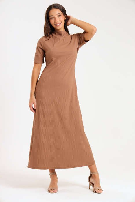 Ladies Short Sleeve Ribbed High Neck Midaxi Dress
