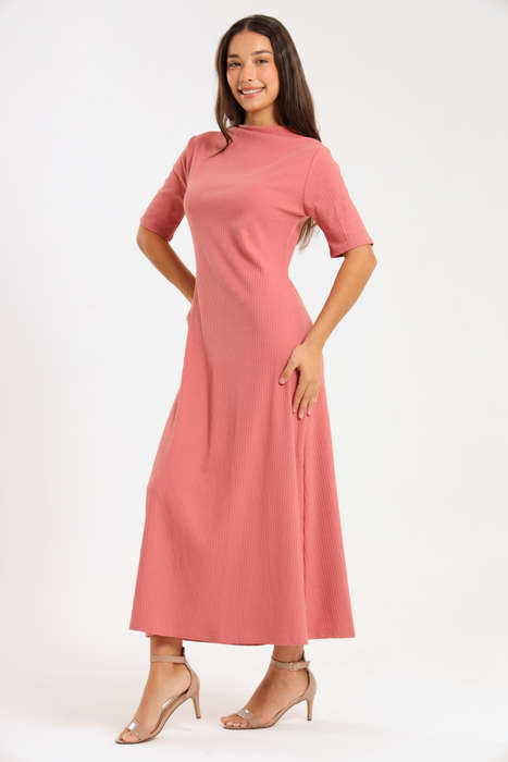 Ladies Short Sleeve Ribbed High Neck Midaxi Dress