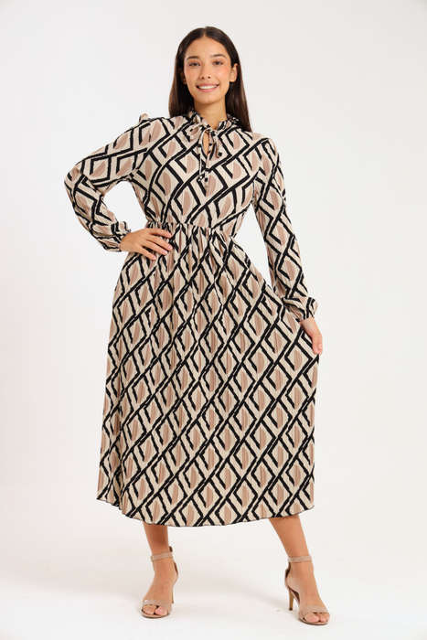 Rosa Abstract Printed Long Sleeve Midaxi Ruffle Dress
