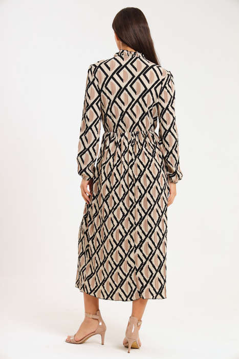 Rosa Abstract Printed Long Sleeve Midaxi Ruffle Dress