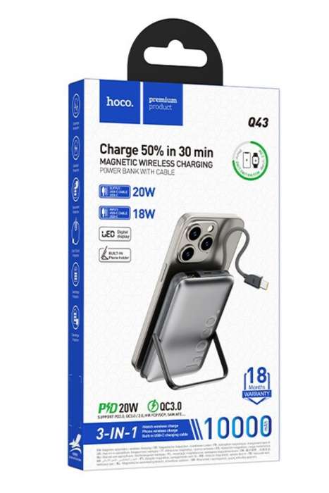 Hoco Q43 10000mAh 20W Magnetic Wireless Power Bank with Built-in Cable & Foldable Stand