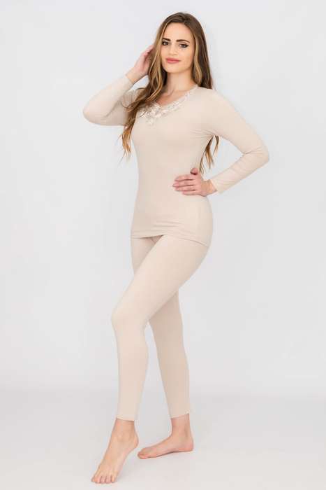 Ladies Elegant Lace Collar Thermal Silk Cotton Underwear Pyjama Spencer Set