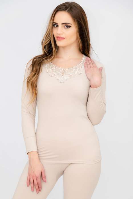 Ladies Elegant Lace Collar Thermal Silk Cotton Underwear Pyjama Spencer Set