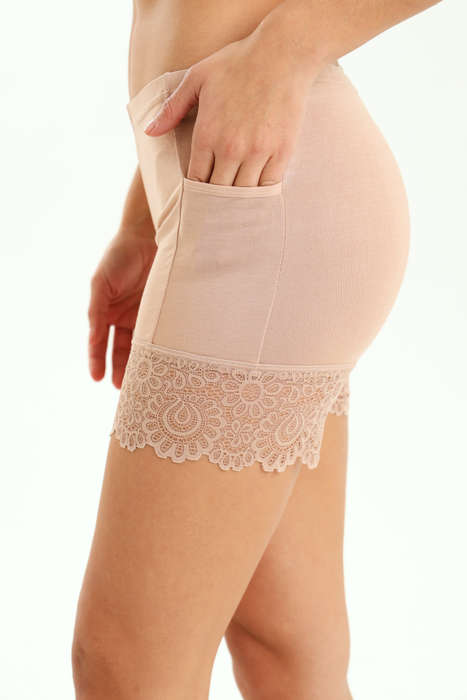 Ladies Anti-Chafing Cheeky Brief Shorts With Lace Trim & Pocket