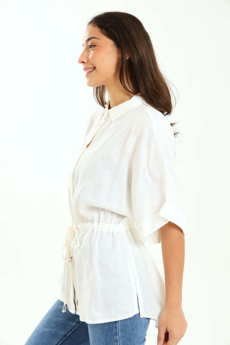 Ladies Branded White Relaxed Linen Shirt with Drawstrings 100% Linen