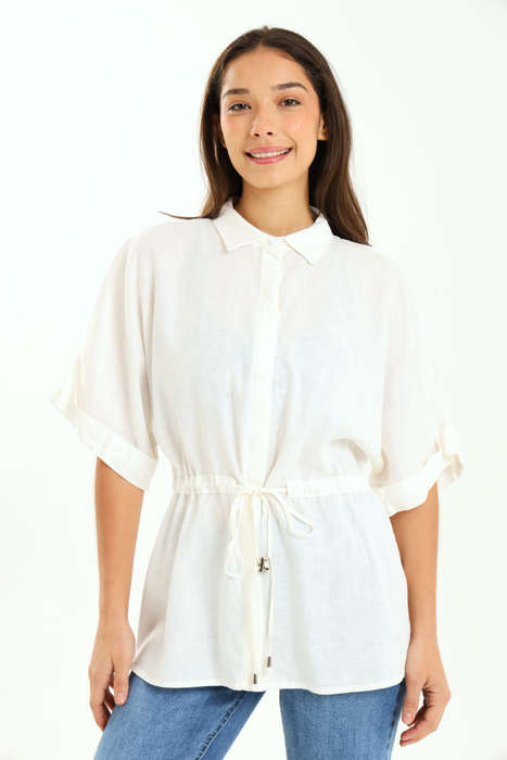 Ladies Branded White Relaxed Linen Shirt with Drawstrings 100% Linen