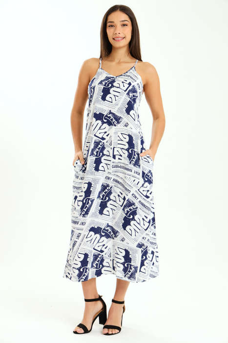 Ladies Printed Elegant Boho Casual Strappy Summer Maxi Dress With Pockets
