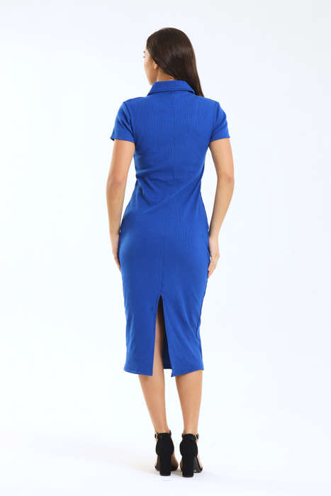 Ladies Polo Collar Ribbed Midi Bodycon Dress
